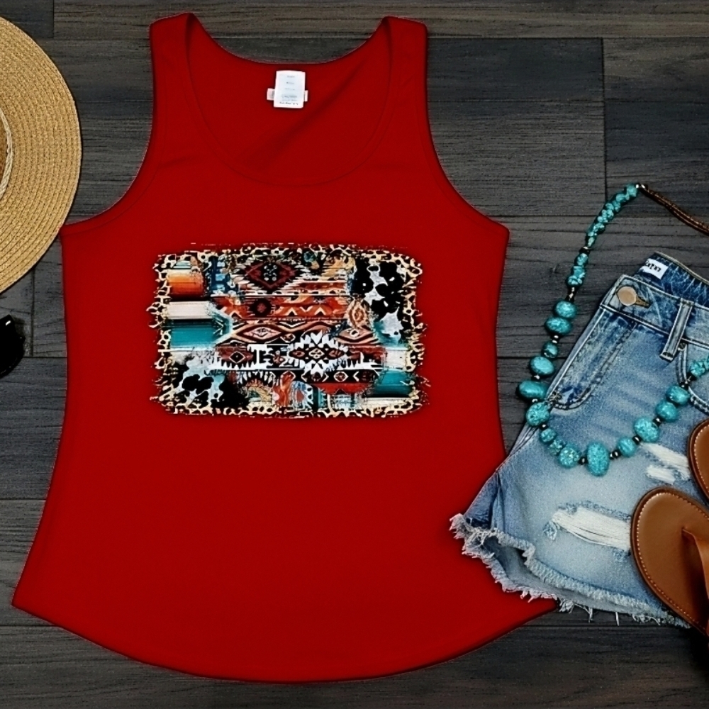 Southwestern Cowhide Patch Tank • Red Aztec Sleeveless Top • Western Boho